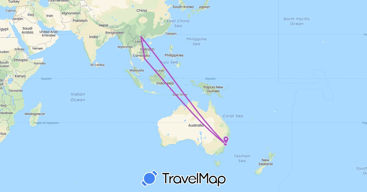 TravelMap itinerary: driving, train in Australia, Vietnam (Asia, Oceania)